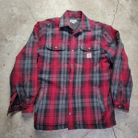 'Carhartt' red flannel fleece lined workwear jacket men's M - Picture 1 of 4